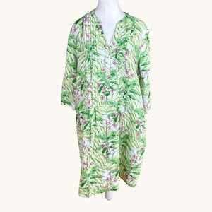 J. McLaughlin Linen Dress Green Tropical Print Sleeves (XL)
